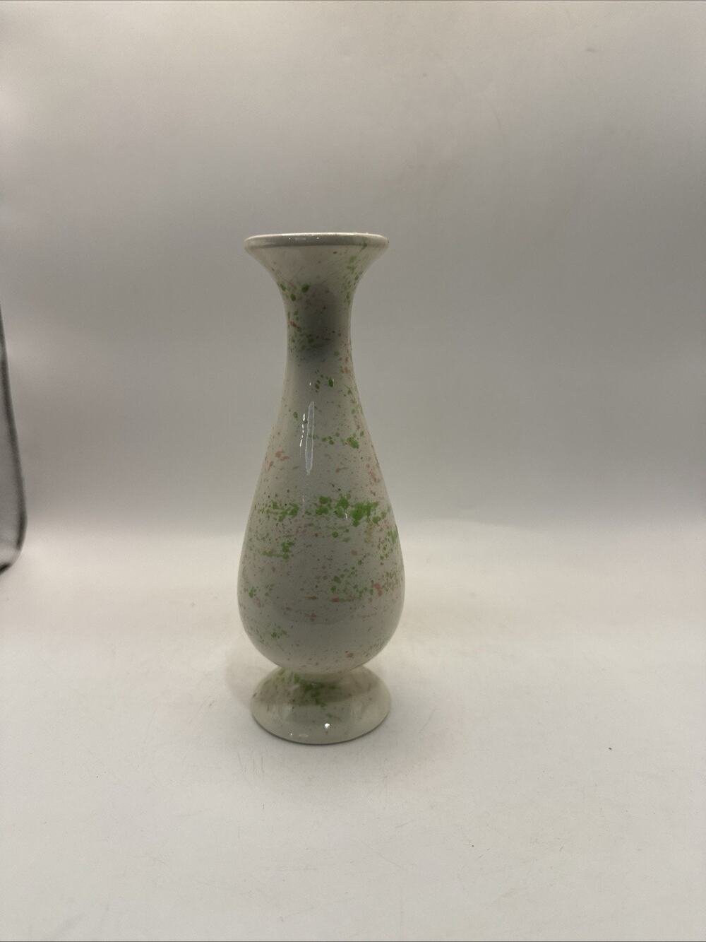 Vintage Ceramic Bud Vase Green Pink Splatter Glaze MCM 6.5" *